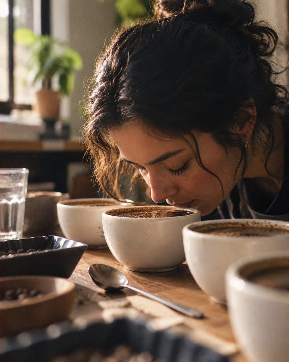 Una catadora huele una taza de café en una mesa de catación