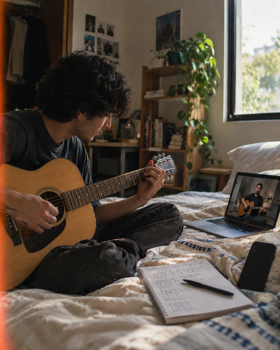 Un chavo aprende guitarra en su cuarto con una clase en la compu